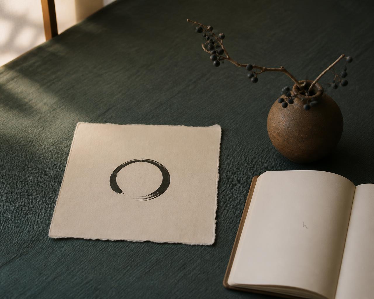 Enso-Kreis auf Washi-Papier neben einem offenen Notizbuch